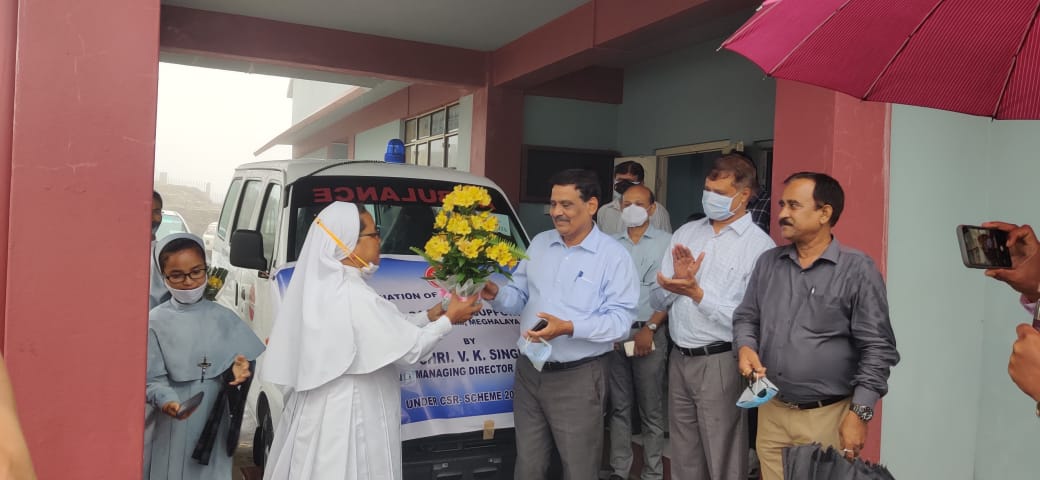 Handing over of Ambulance by the CMD NEEPCO to St. Xavier Day Care and Support Centre at Mawsynram on 3rd. July`2021
